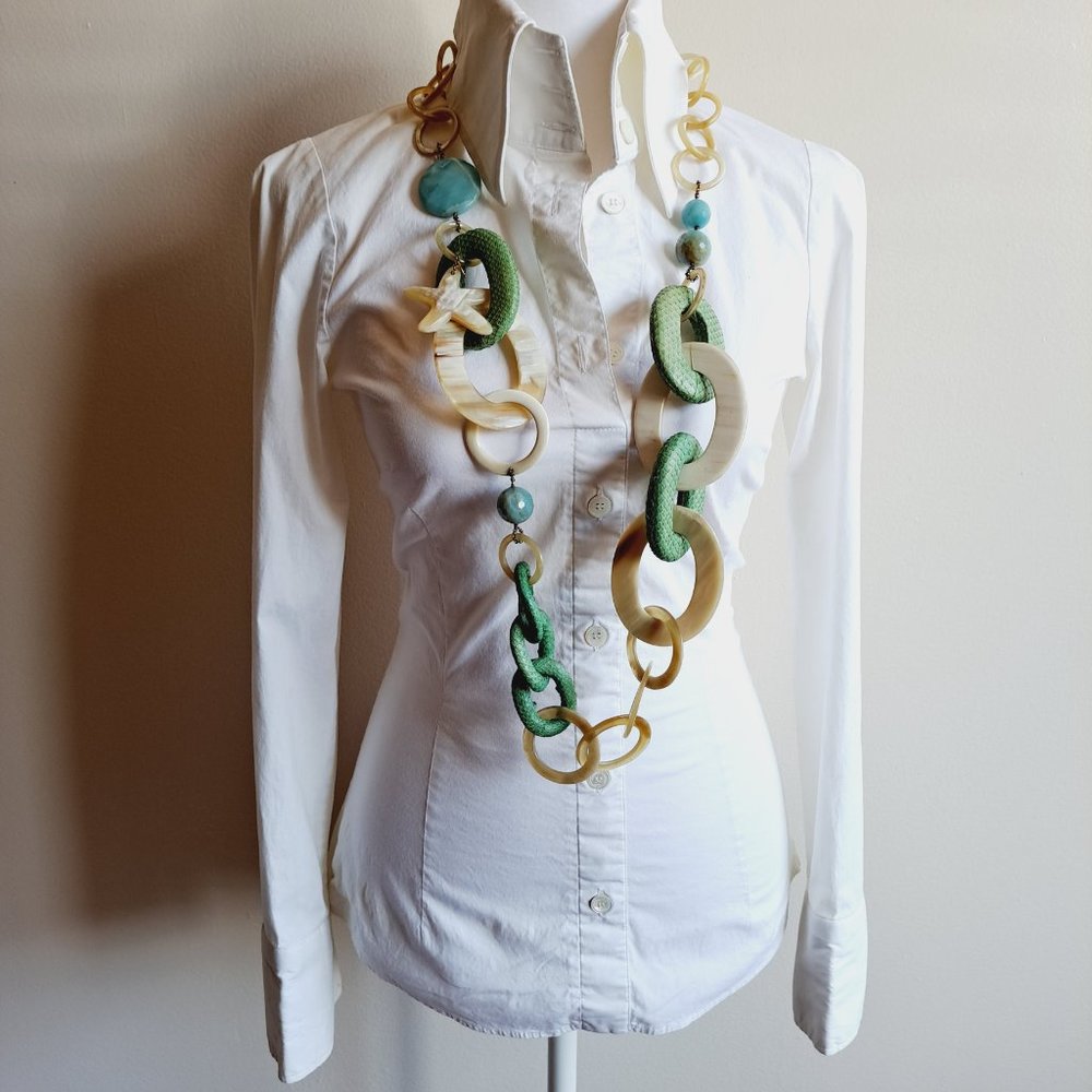 AMLE Italian Long Horn Green Chain Necklace with Python skin - Picture 2 of 16